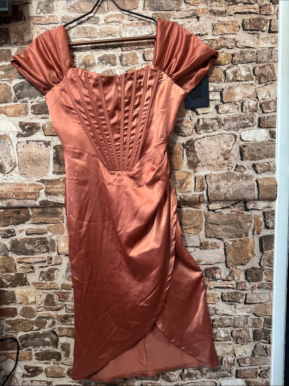 Satin Rust Off-Shoulder Cocktail Dress